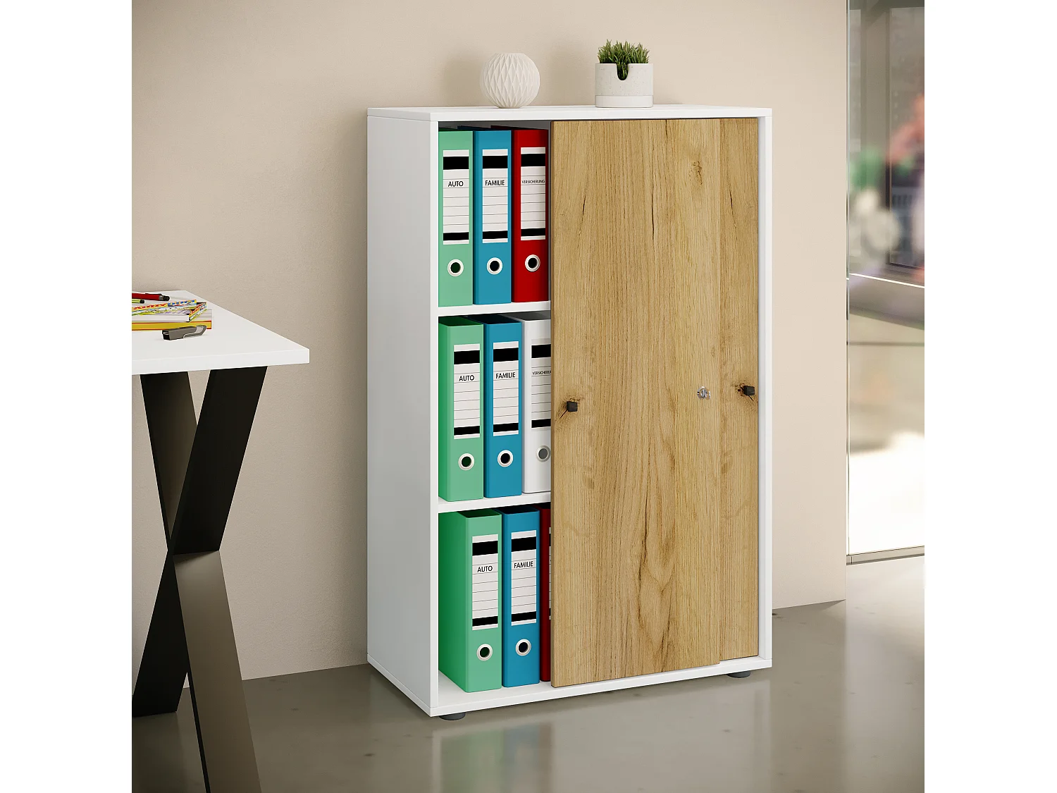 Office cabinet Lona White / Honey oak W. 70 x H. 111 x D. 40 cm