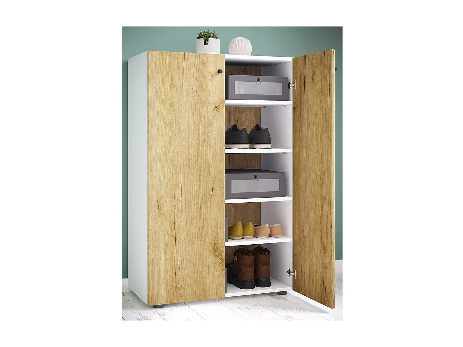 Shoe cabinet Lona White / Honey oak H. 110 x W. 70 x D. 39 cm