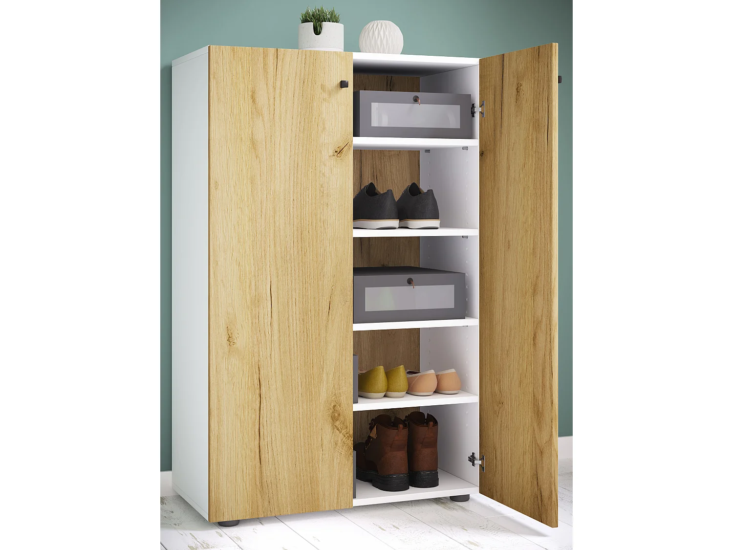 Shoe cabinet Lona White / Honey oak H. 110 x W. 70 x D. 39 cm