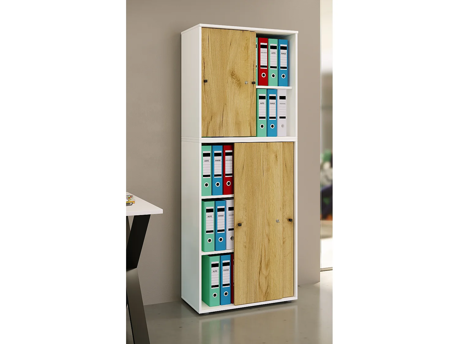 Office cabinet Lona White / Honey oak W. 70 x H. 184 x D. 37 cm