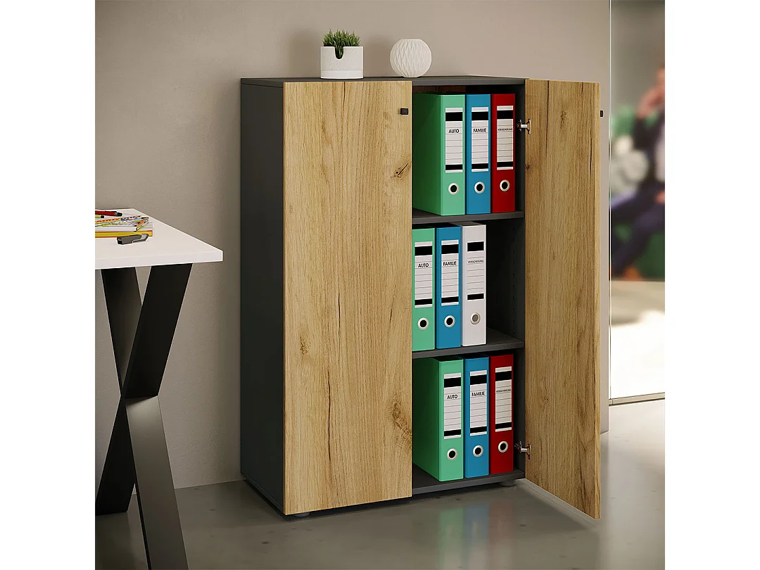 Office cabinet Lona Anthracite / honey oak W. 70 x H. 111 x D. 38 cm