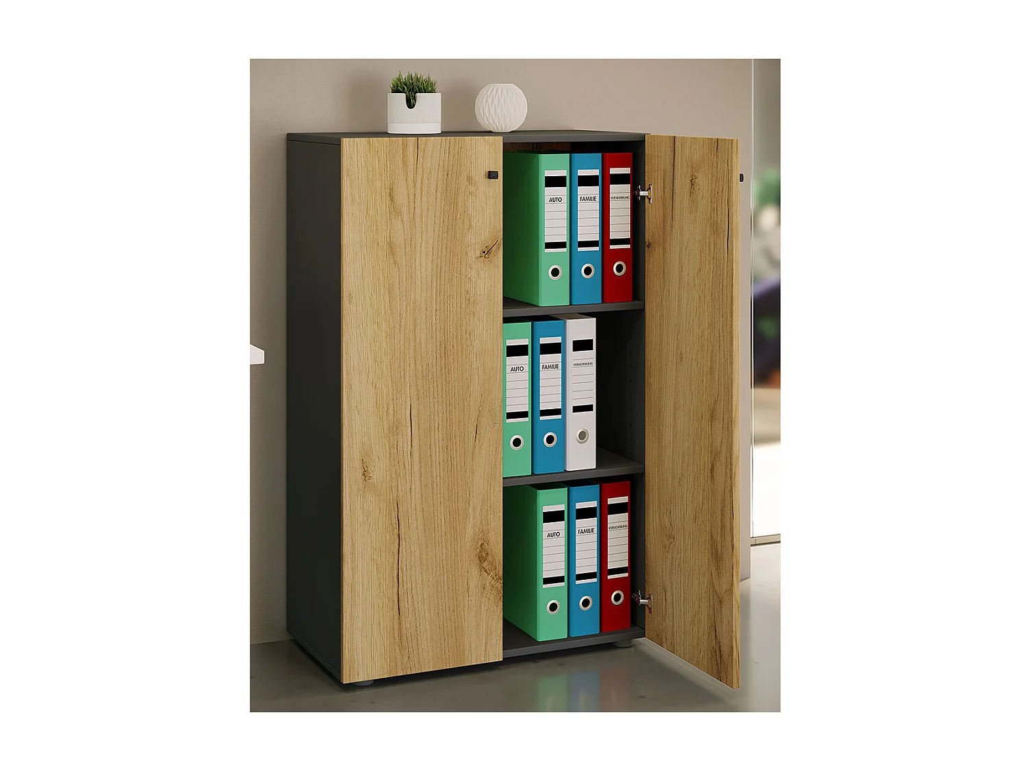 Office cabinet Lona Anthracite / honey oak W. 70 x H. 111 x D. 38 cm