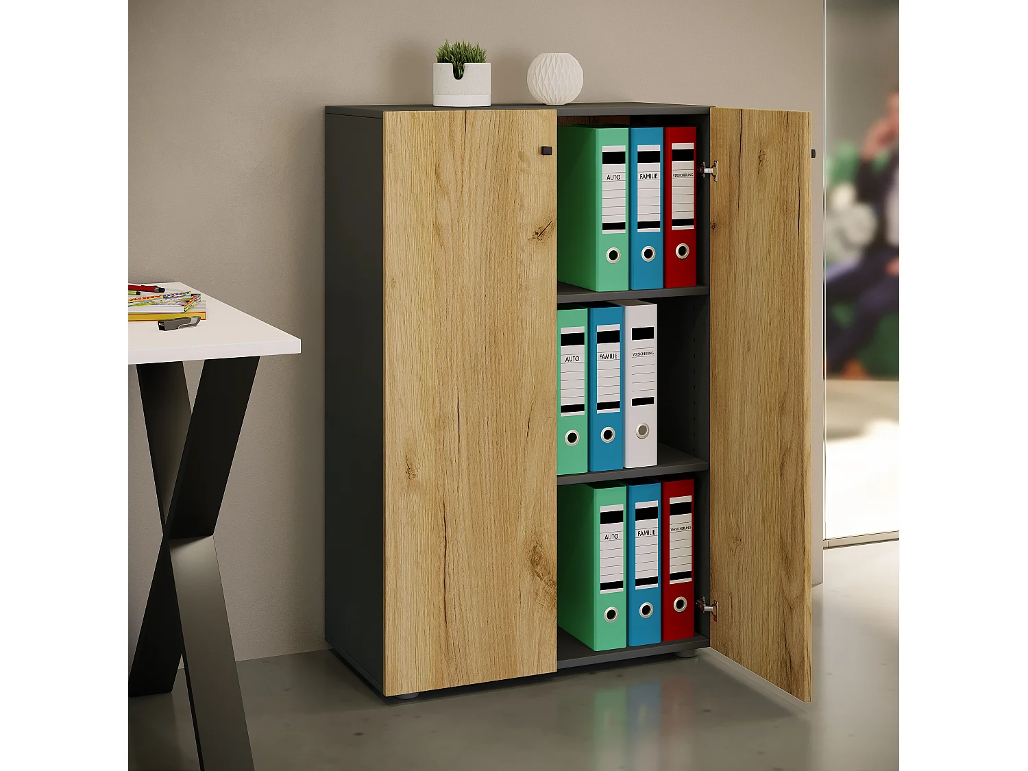 Office cabinet Lona Anthracite / honey oak W. 70 x H. 111 x D. 38 cm