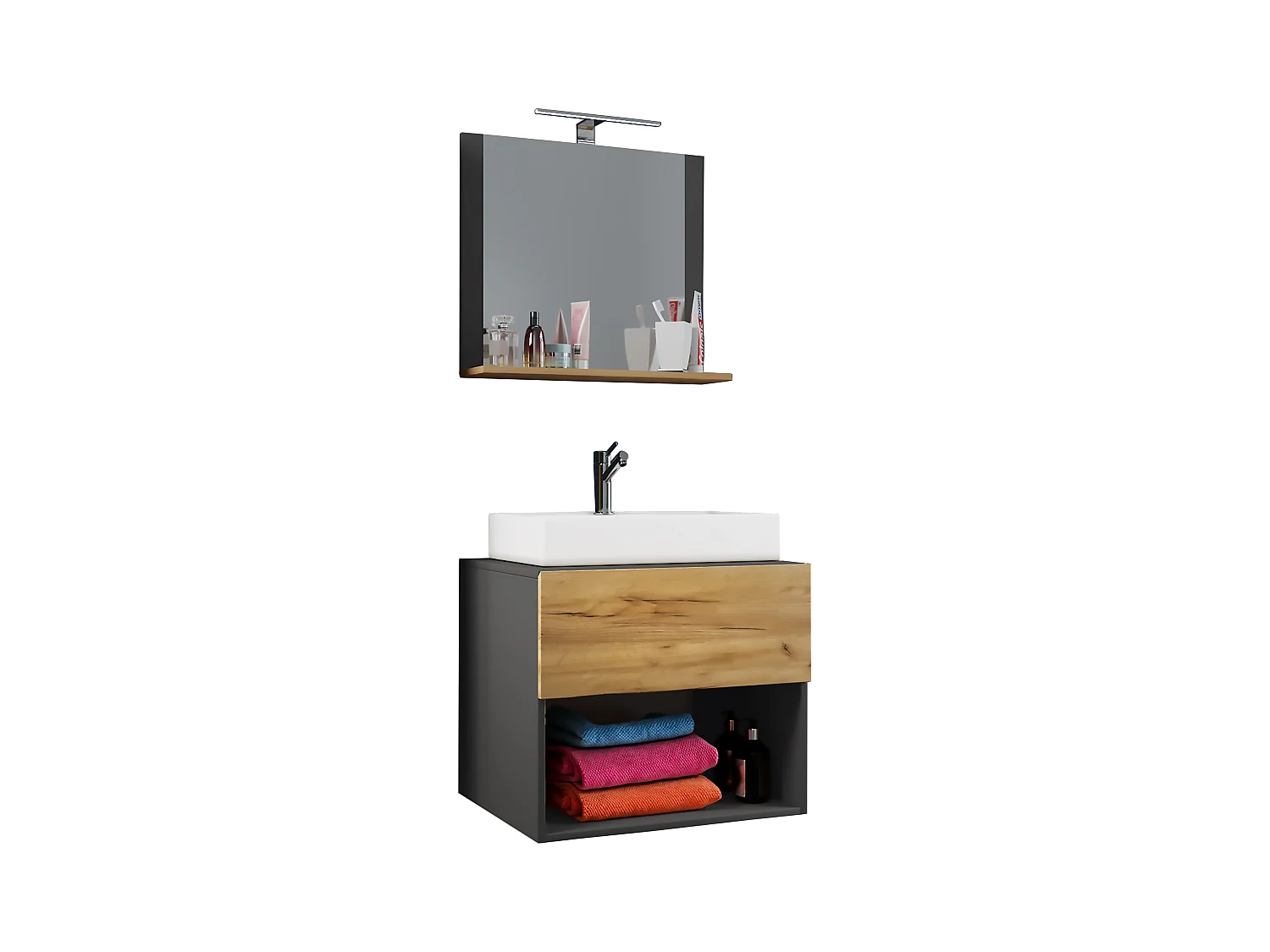 Bathroom furniture washbasin Lendas Anthracite / honey oak H. 107 x W. 60 x D. 52 cm