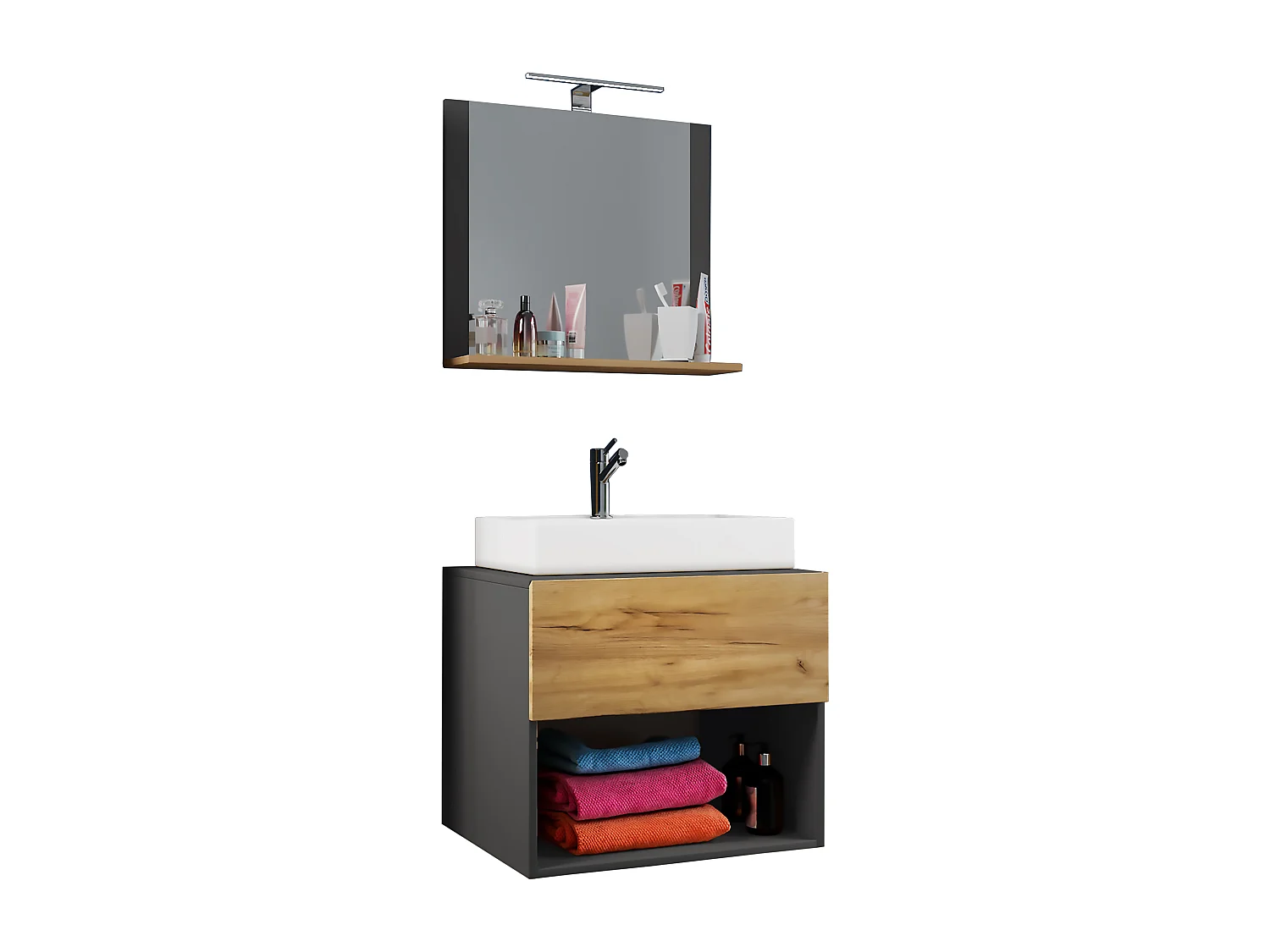 Bathroom furniture washbasin Lendas Anthracite / honey oak H. 107 x W. 60 x D. 52 cm