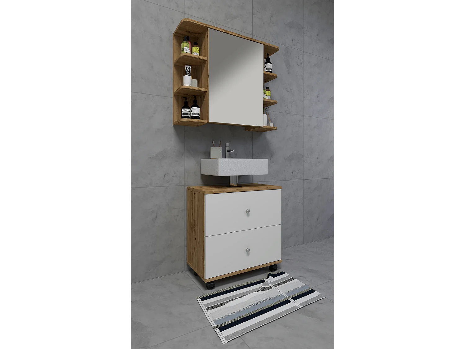 Bathroom furniture washbasin cabinet Nilosi Honey oak / White H. 61 x W. 60 x D. 33 cm