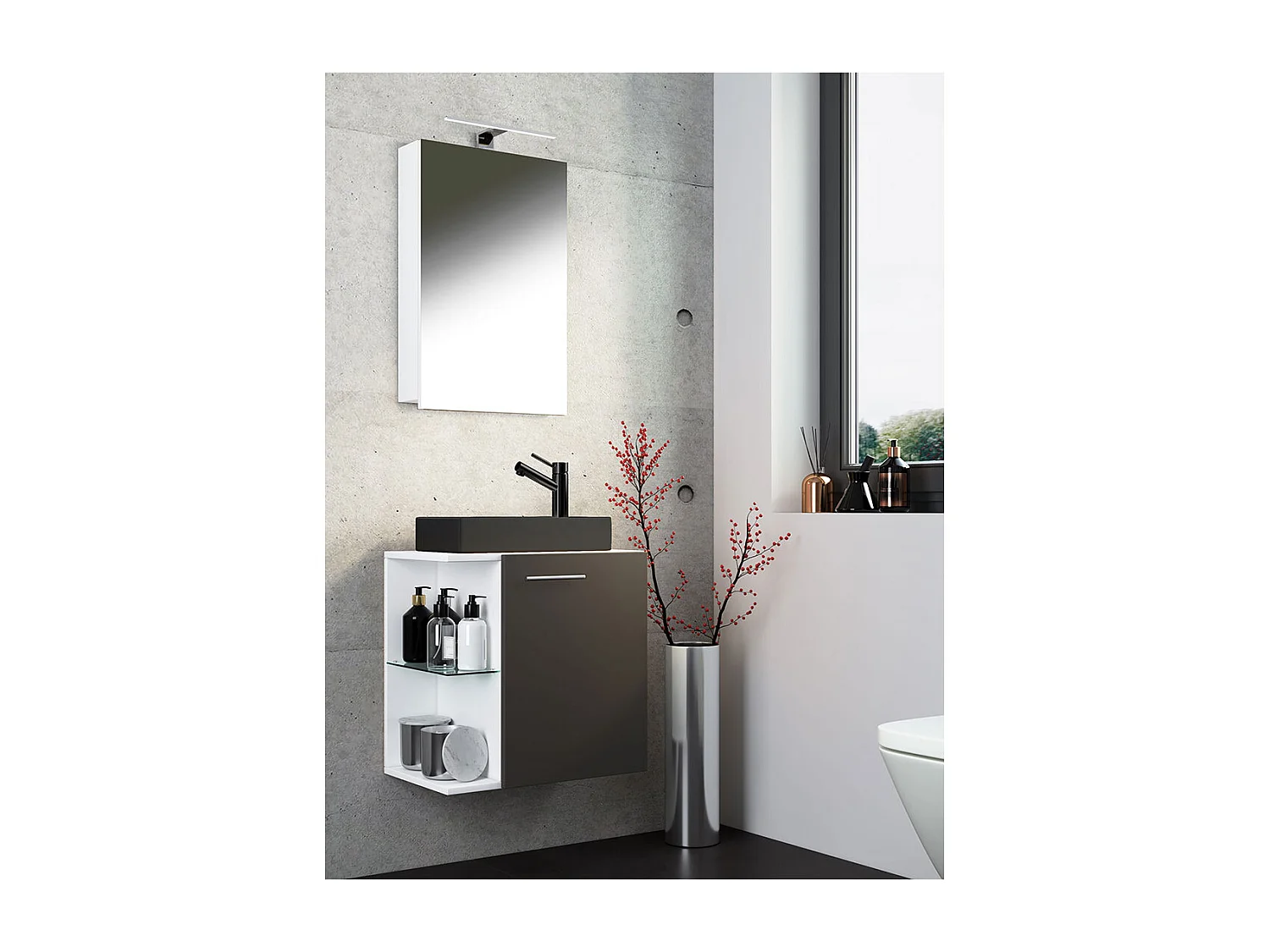 VCM conjunto de 3 peças | Lavandaria para hóspedes WC | Banheiro | Lavatório com espelho | Conjunto de casas de banho – Hausa SC-BL (Branco / Antracite)