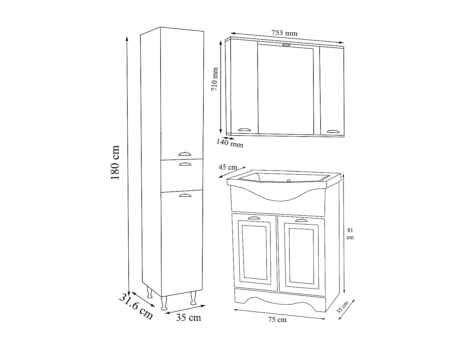 Bathroom furniture washbasin Casalo White H. 180 x W. 110 x D. 45 cm