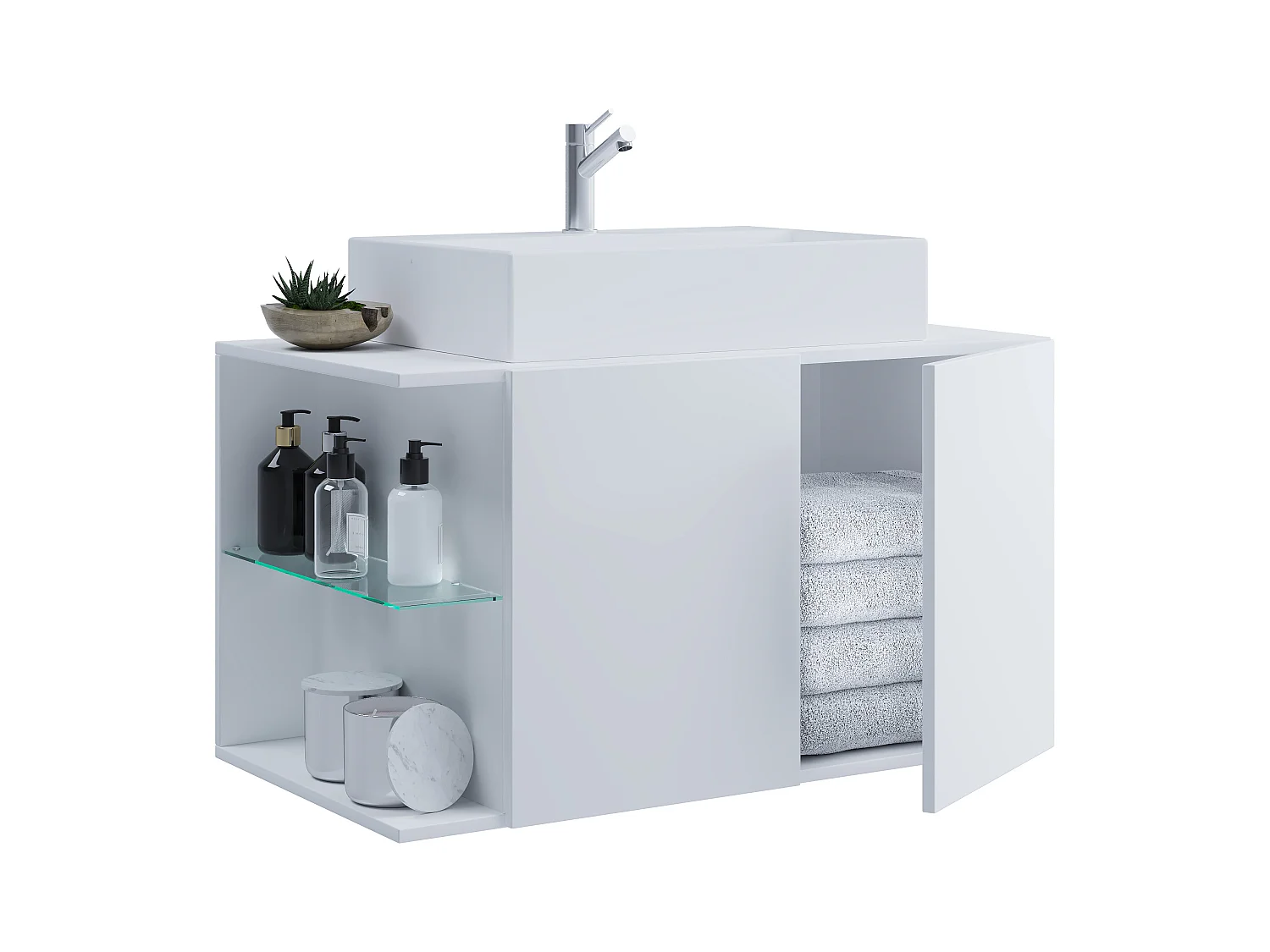 VCM 2-pièces lavabo meuble de salle de bains ensemble lavabo Hausa porte battante (blanc|93)