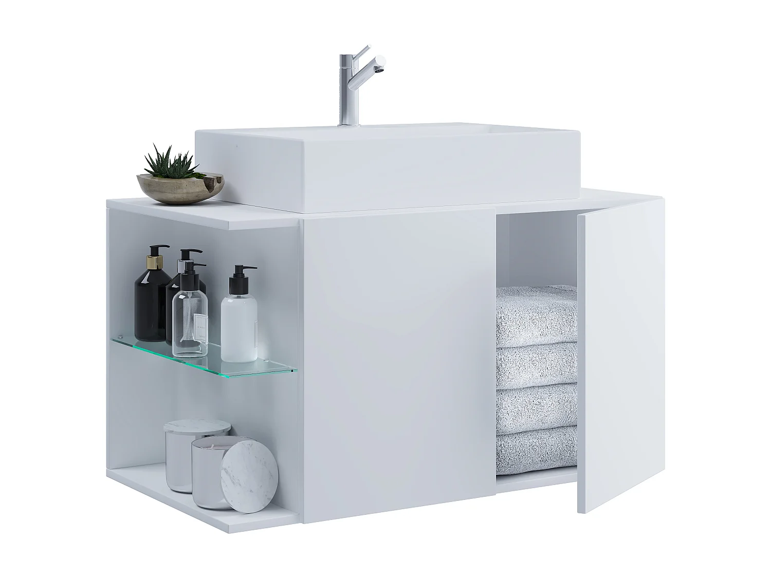 VCM 2-pièces lavabo meuble de salle de bains ensemble lavabo Hausa porte battante (blanc|93)