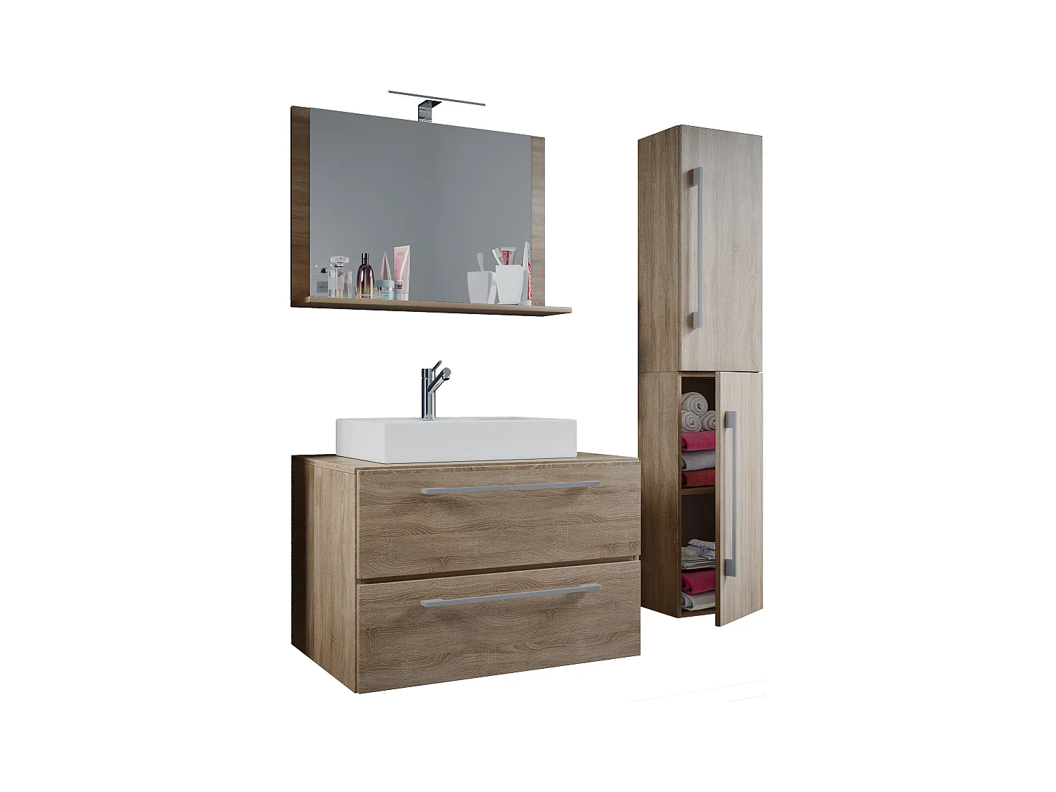 VCM 4-pièces lavabo meubles de salle de bains ensemble lavabo Badinos ll 2 tiroirs (chêne Sonoma|80)