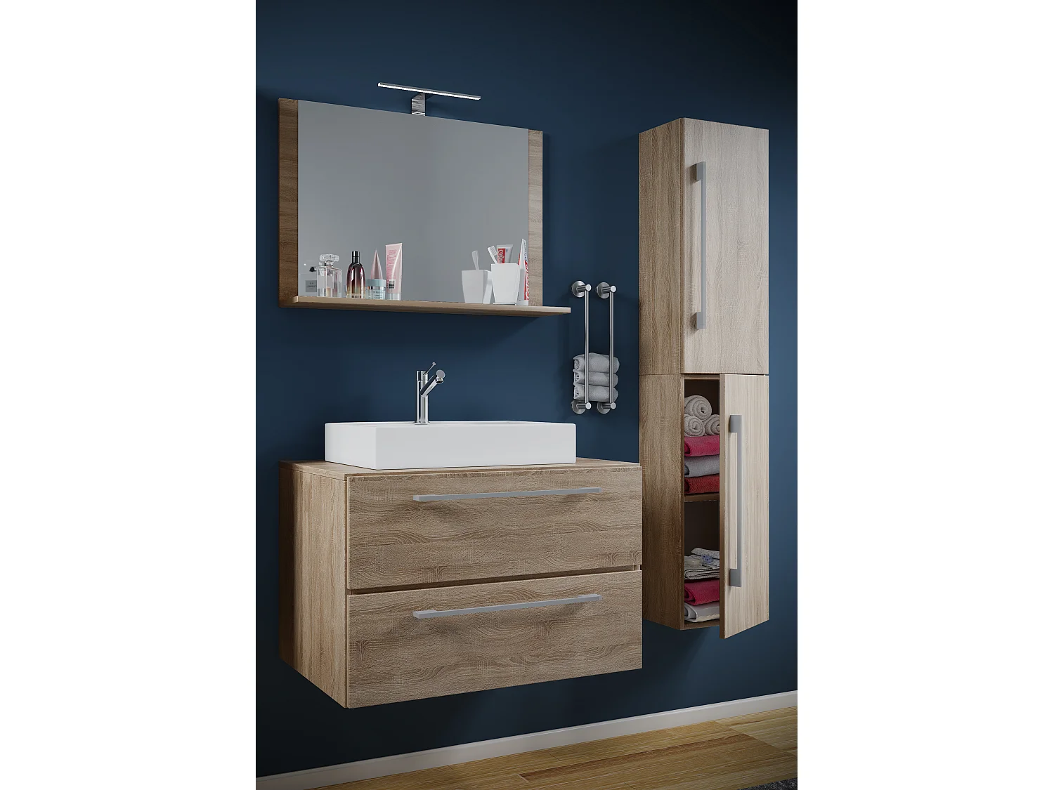 VCM 4-pièces lavabo meubles de salle de bains ensemble lavabo Badinos ll 2 tiroirs (chêne Sonoma|80)