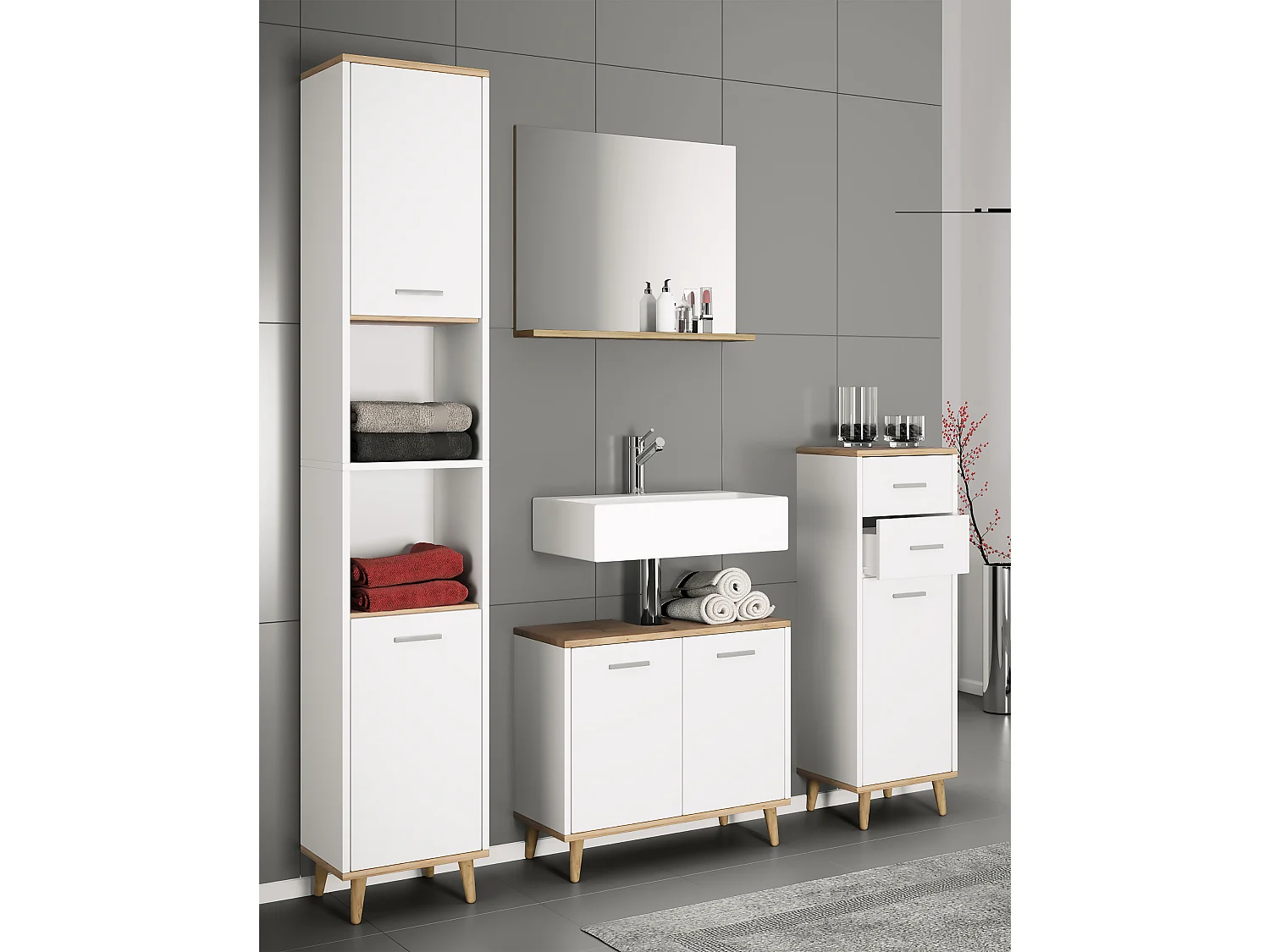 Armário de Bacia de Madeira VCM | Gabinete de Banheiro | Dimensões: A. 56 x L. 60 x P. 28 cm | 2 Portas Rotativas Grandes - Landos (Carvalho Branco / Mel)