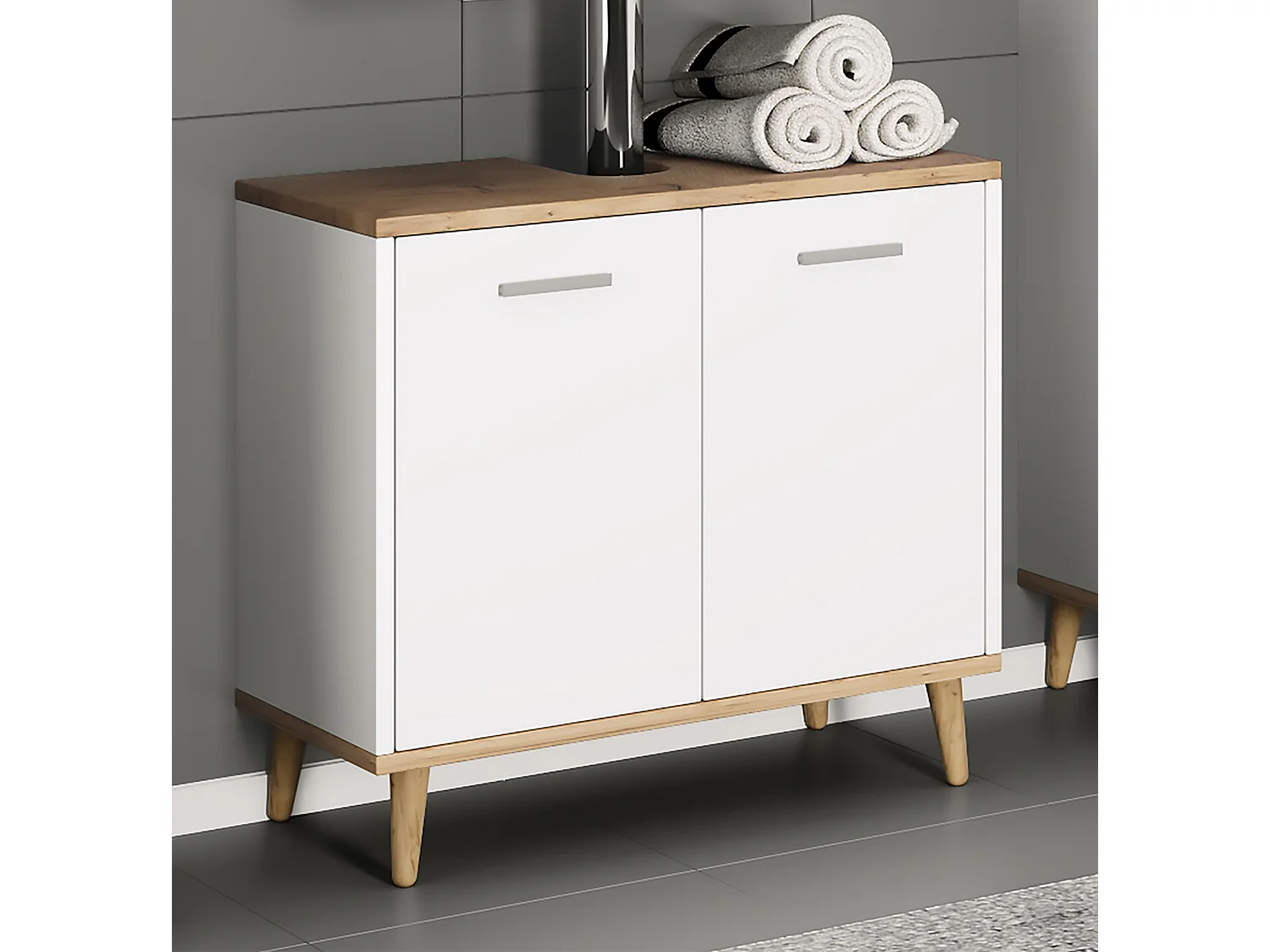 Mobilier de badge : sous-armoire de lavage Landos H. 56 x L. 60 x P. 28 cm Blanc/Hong Eiche