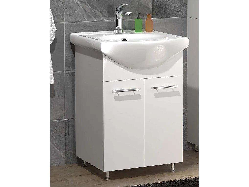 VCM 2 pcs Lavatório | Lavatório Armário inferior 55 cm | Móveis de casa de banho com lavatório | Conjunto completo com portas rotativas Lisalo M (Branco)