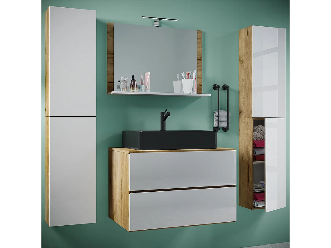 Bathroom furniture washbasin Lendas Honey oak / White H. 150 x W. 147 x D. 52 cm