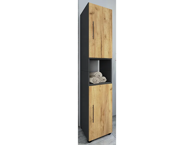 Bathroom furniture high cabinet Flandu Anthracite / honey oak H. 153 x W. 31 x D. 30 cm