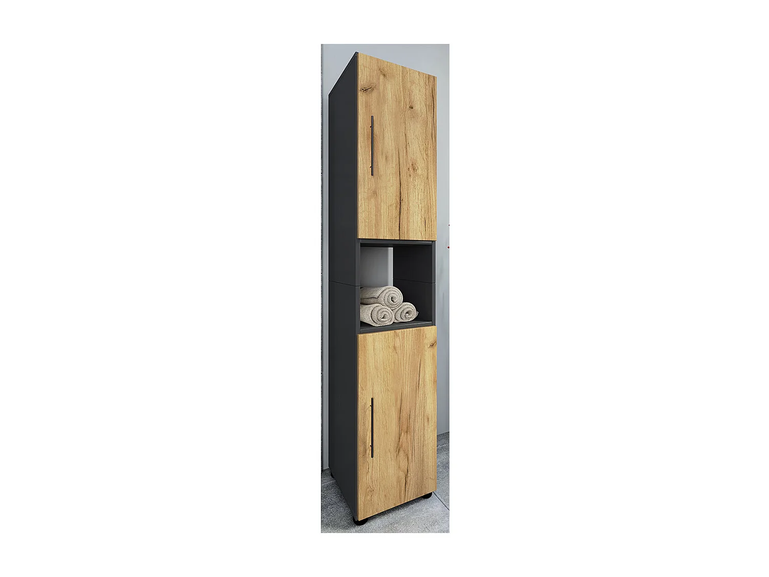 Bathroom furniture high cabinet Flandu Anthracite / honey oak H. 153 x W. 31 x D. 30 cm