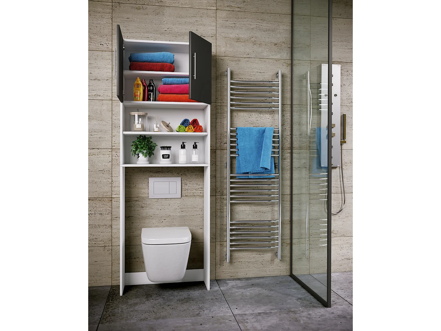 Bathroom furniture high cabinet Totas White / Black W. 64 x H. 190 x D. 25 cm