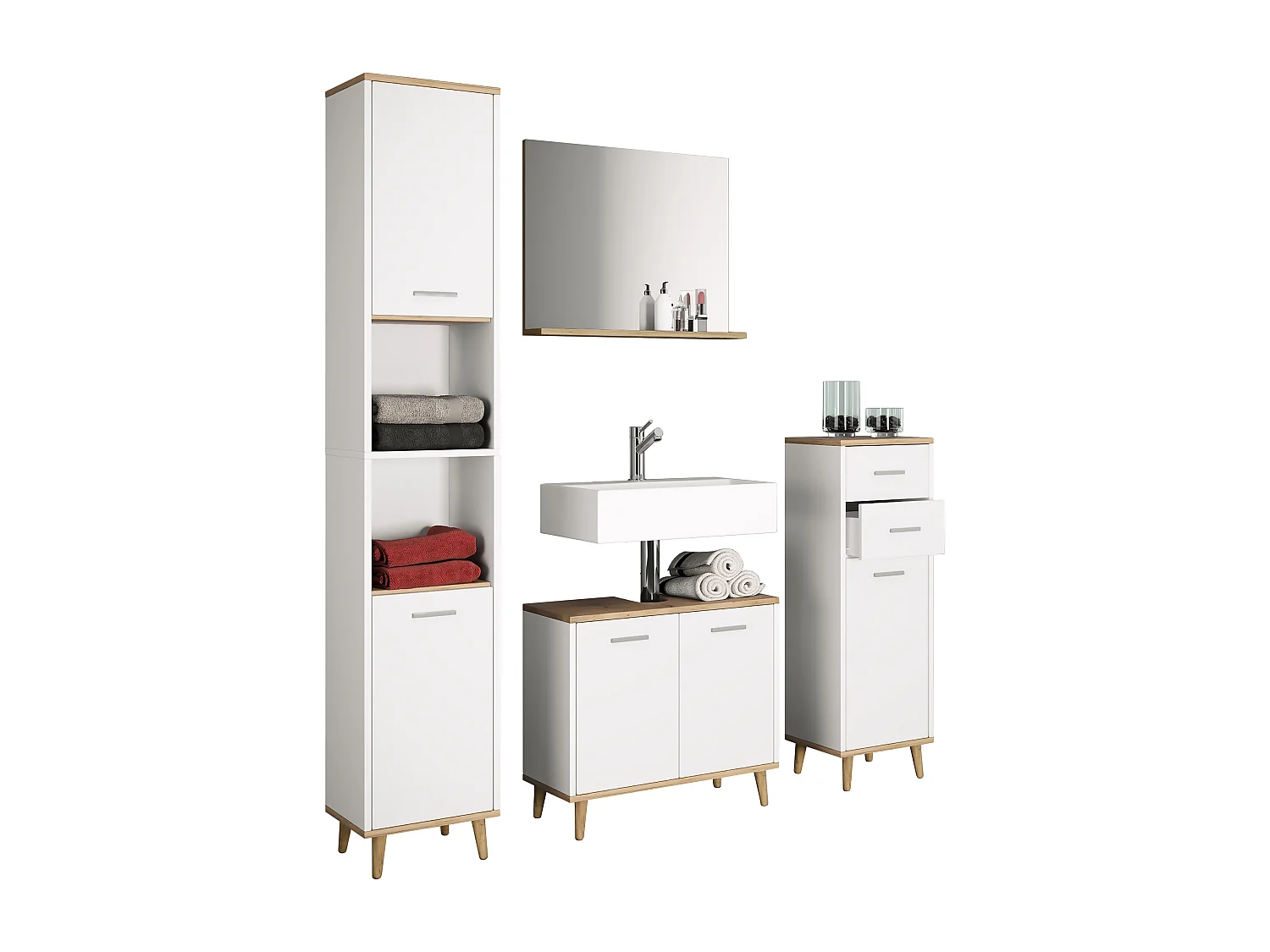 Bathroom furniture high cabinet Landos White / Honey oak H. 181 x W. 32 x D. 28 cm