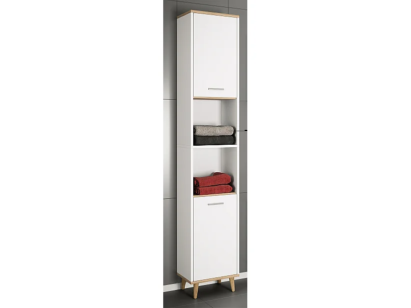 Bathroom furniture high cabinet Landos White / Honey oak H. 181 x W. 32 x D. 28 cm