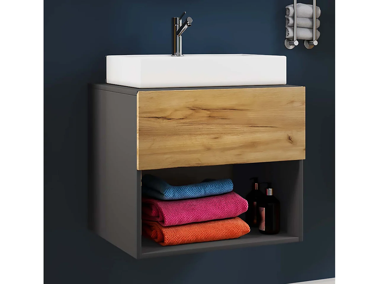 Bathroom furniture washbasin Lendas Anthracite / honey oak H. 69 x W. 60 x D. 52 cm