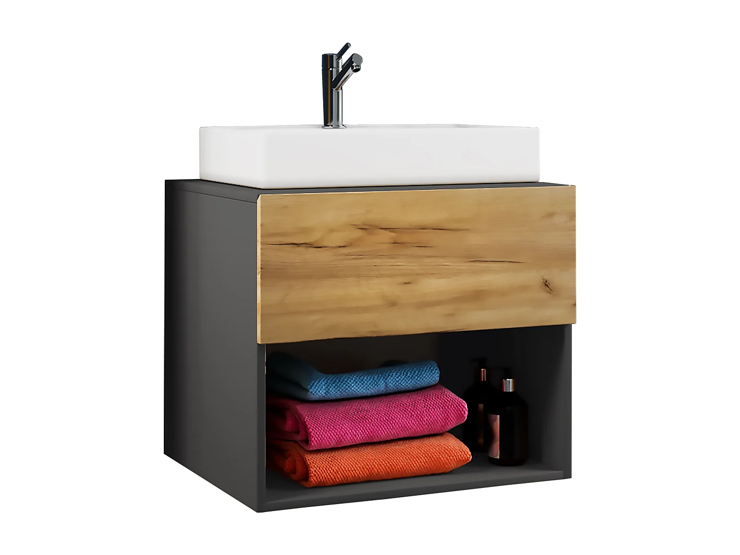 Bathroom furniture washbasin Lendas Anthracite / honey oak H. 69 x W. 60 x D. 52 cm