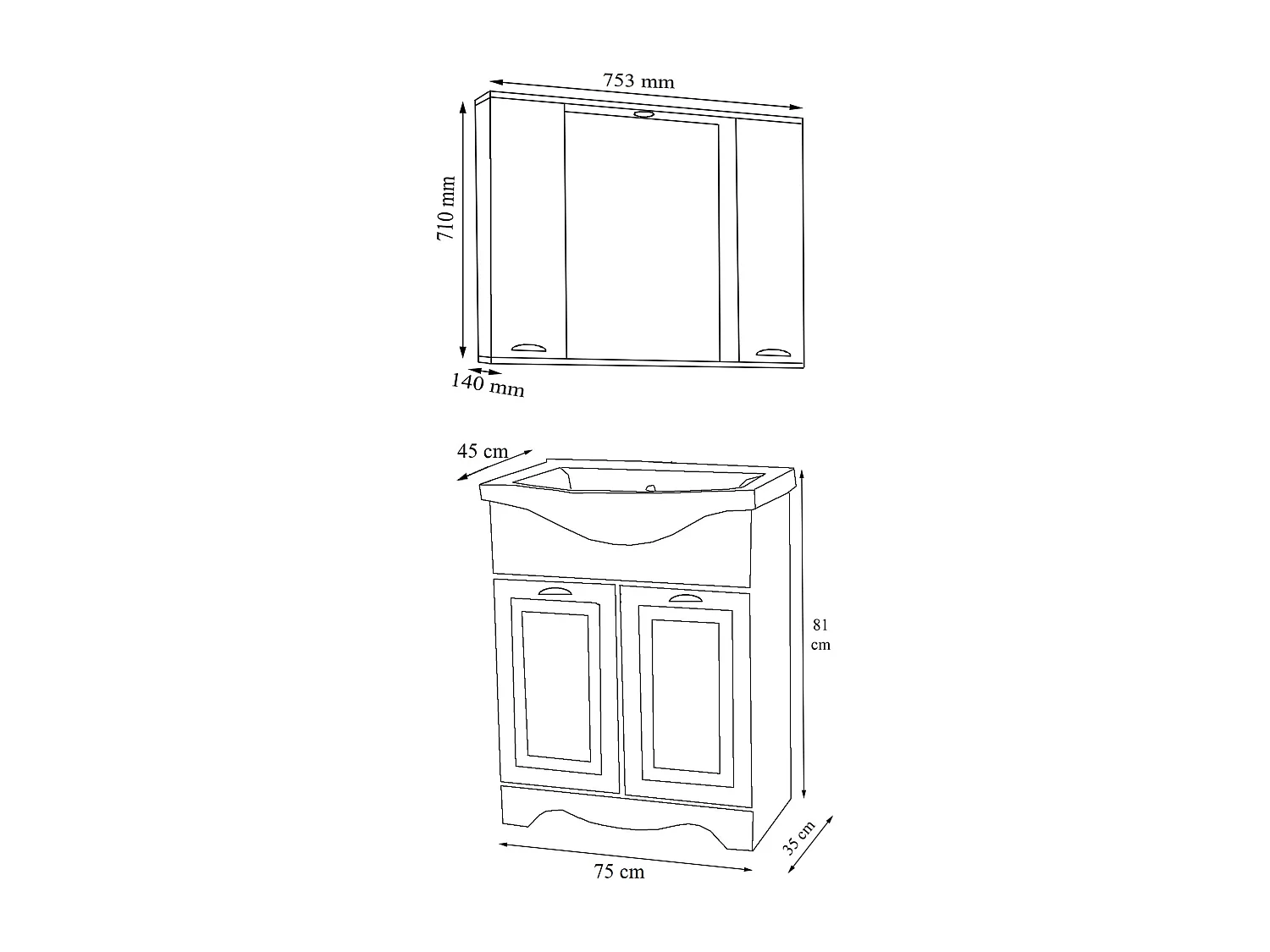 Bathroom furniture washbasin Casalo White H. 152 x W. 75 x D. 45 cm