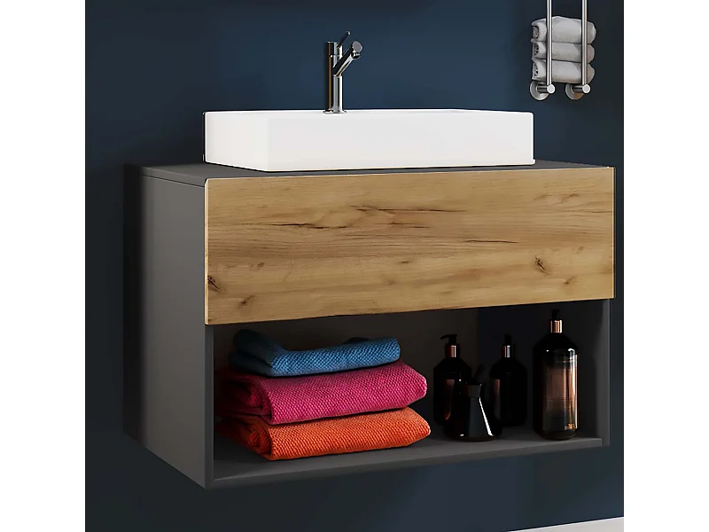 Bathroom furniture washbasin Lendas Anthracite / honey oak H. 69 x W. 80 x D. 52 cm