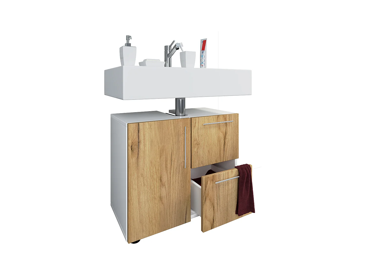 Bathroom furniture washbasin cabinet Darola White / Honey oak H. 51 x W. 61 x D. 32 cm
