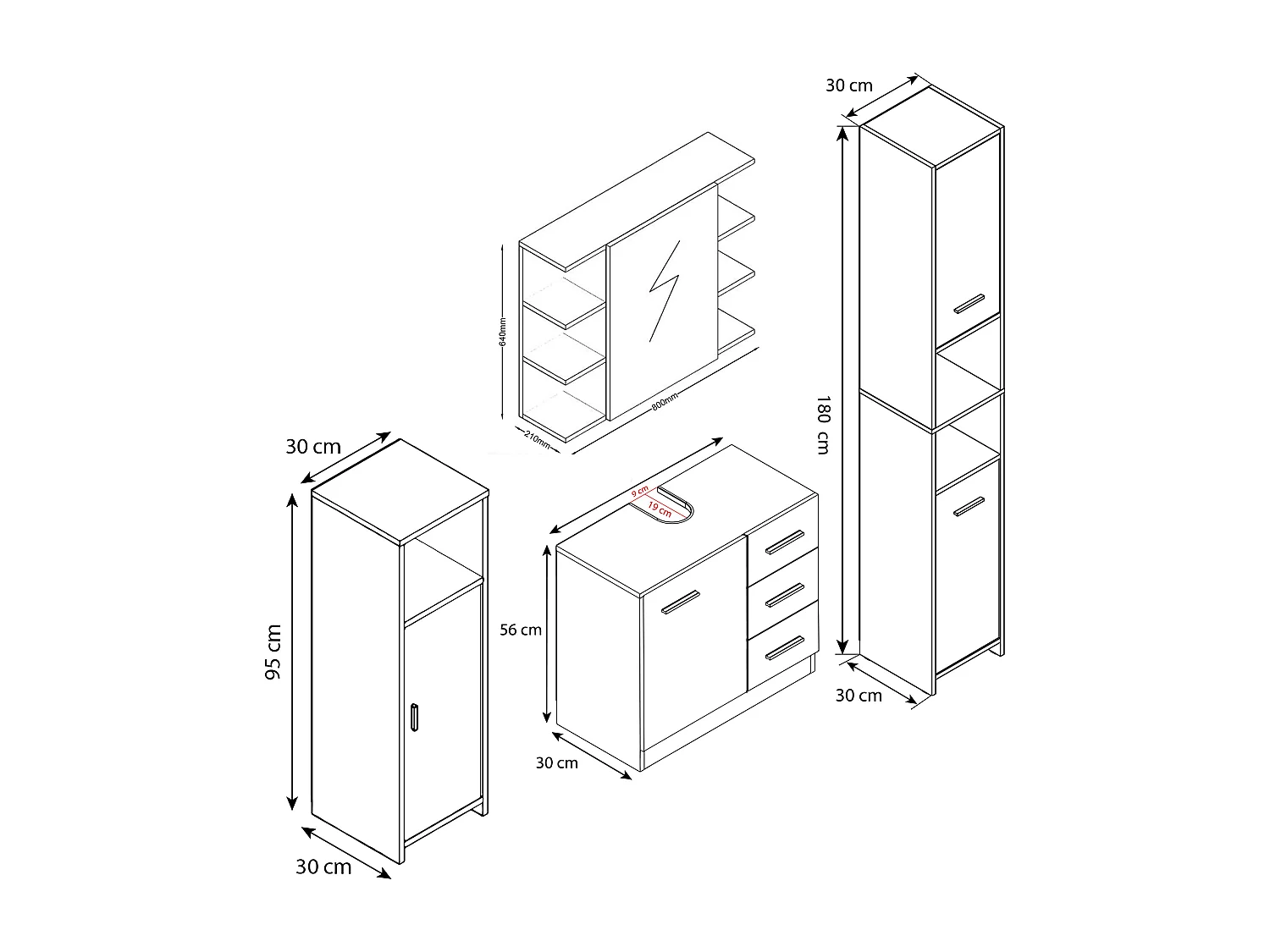 Bathroom furniture sets Zalo White H. 180 x W. 140 x D. 30 cm