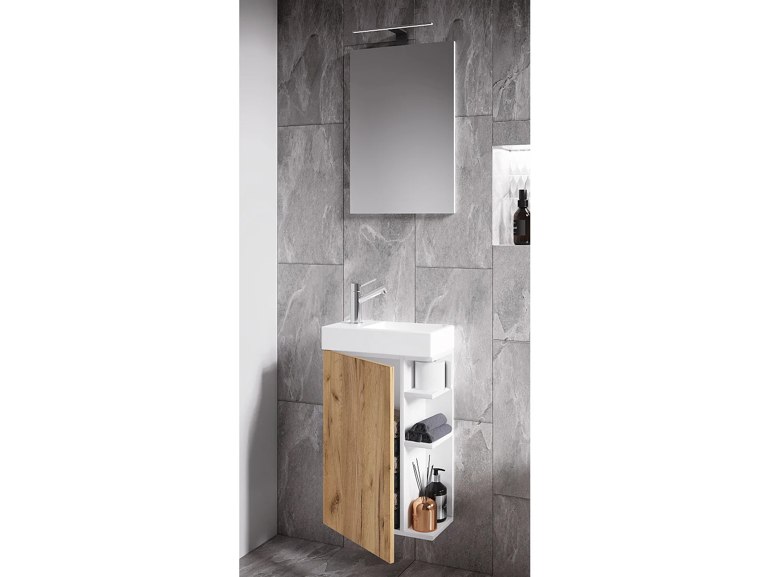 Lavatório de móveis de banheiro Lumia Branco/carvalho de mel A. 129 x L. 40 x P. 22 cm