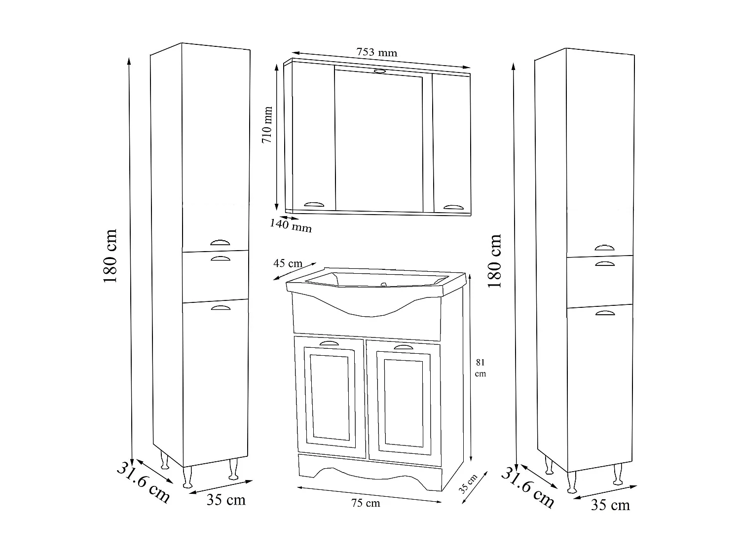 Bathroom furniture washbasin Casalo White H. 180 x W. 140 x D. 46 cm