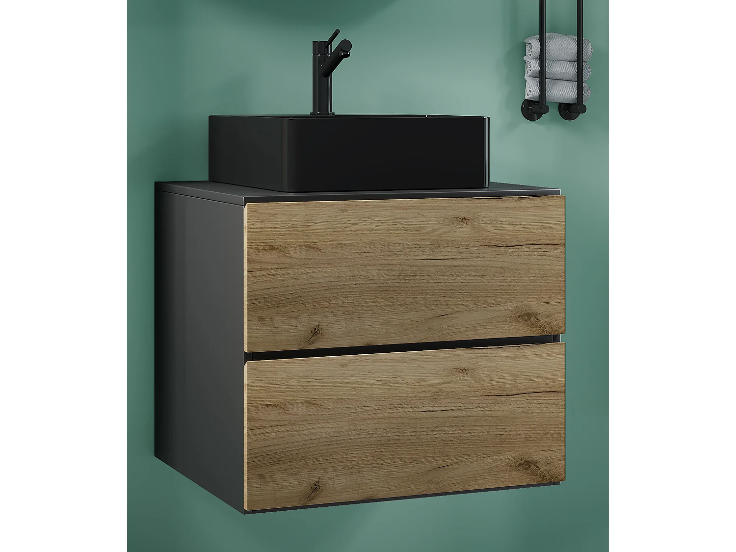 VCM 2 pcs Lavatório | lavatório preto largura inferior do armário 60 cm | Mobiliário para casa de banho com gavetas | Lendas S BL (anthracite / mel oak)