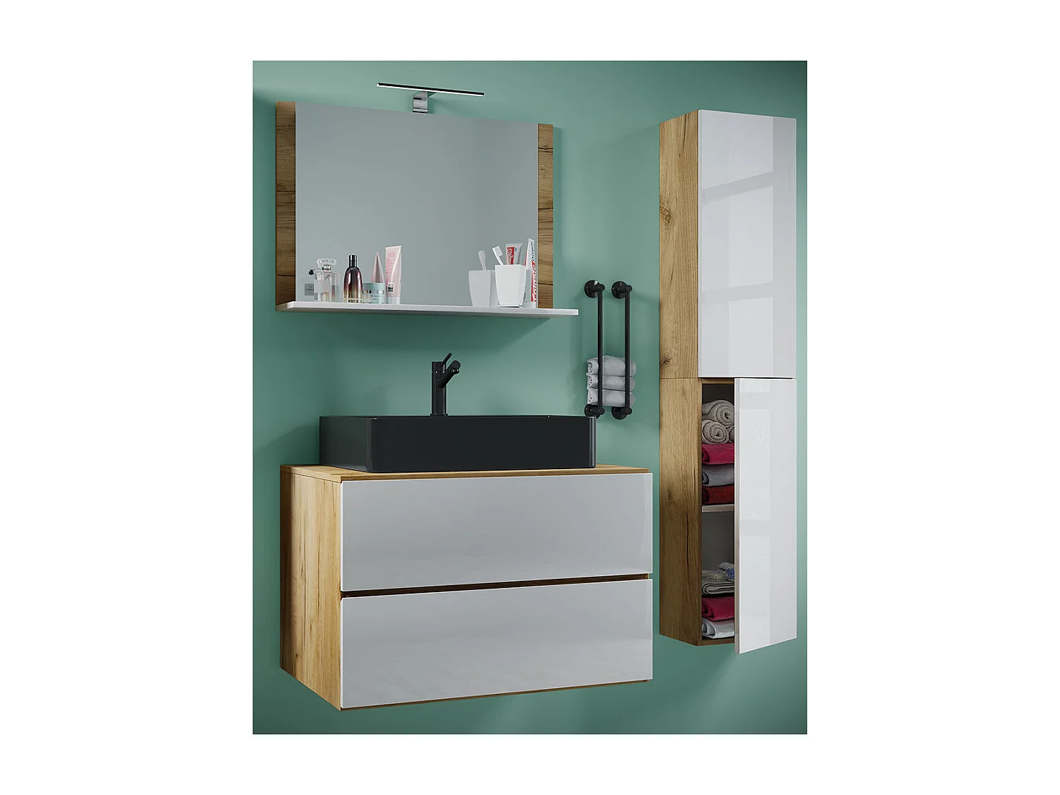 Bathroom furniture washbasin Lendas Honey oak / White H. 150 x W. 114 x D. 52 cm