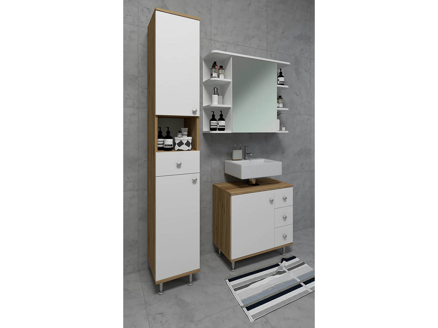 Bathroom furniture high cabinet Nilosi Honey oak / White H. 185 x W. 30 x D. 31 cm