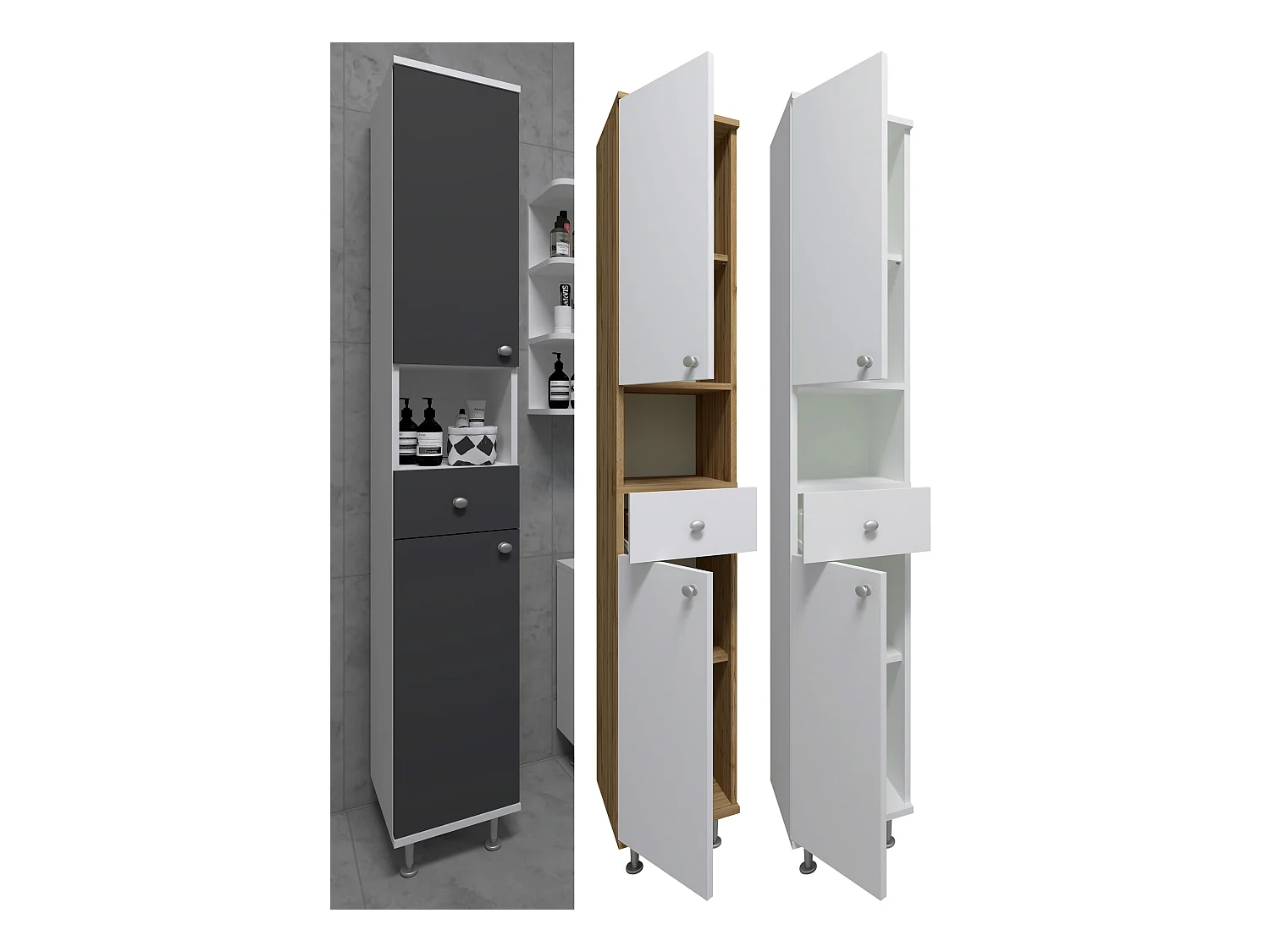 Bathroom furniture high cabinet Nilosi Honey oak / White H. 185 x W. 30 x D. 31 cm