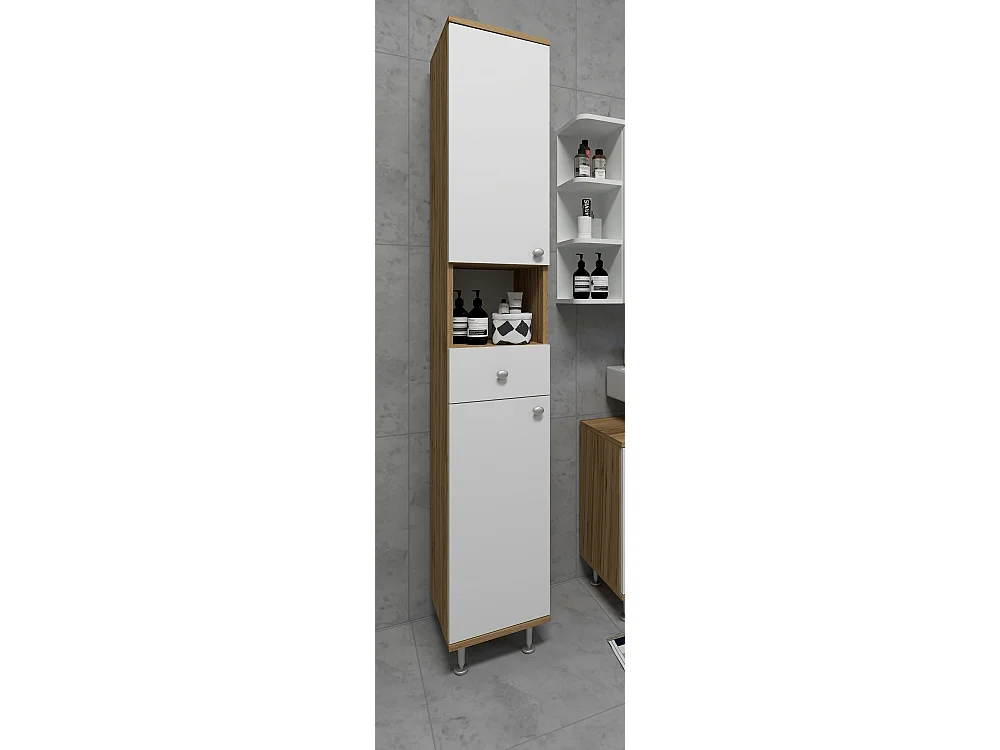 Bathroom furniture high cabinet Nilosi Honey oak / White H. 185 x W. 30 x D. 31 cm