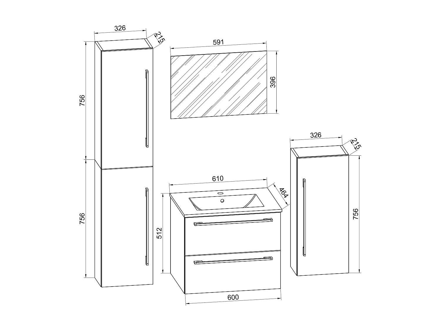 Bathroom furniture washbasin Badinos White H. 152 x W. 126 D. 46 cm