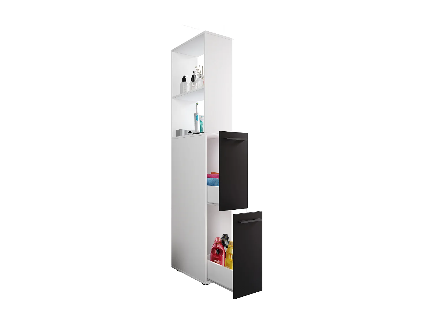 Bathroom furniture high cabinet Sadilo White / Black H. 183 x W. 25 x D. 50 cm