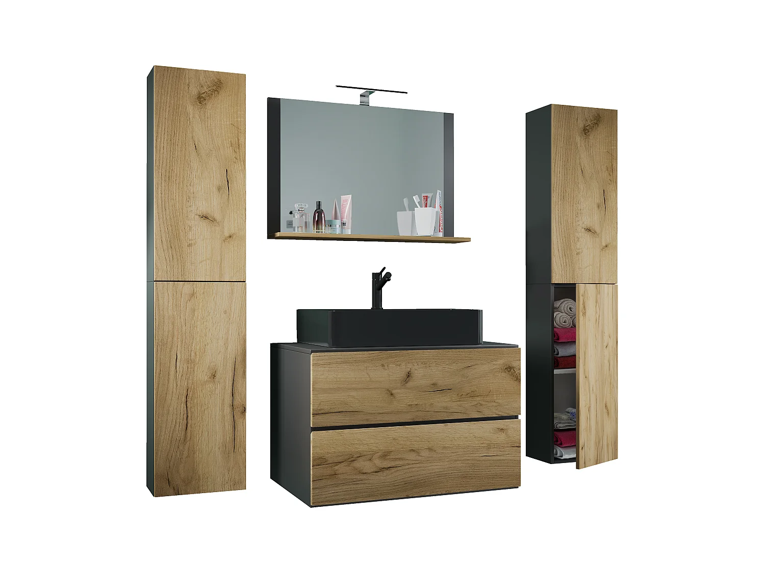 Bathroom furniture washbasin Lendas Anthracite / honey oak H. 150 x W. 147 x D. 52 cm