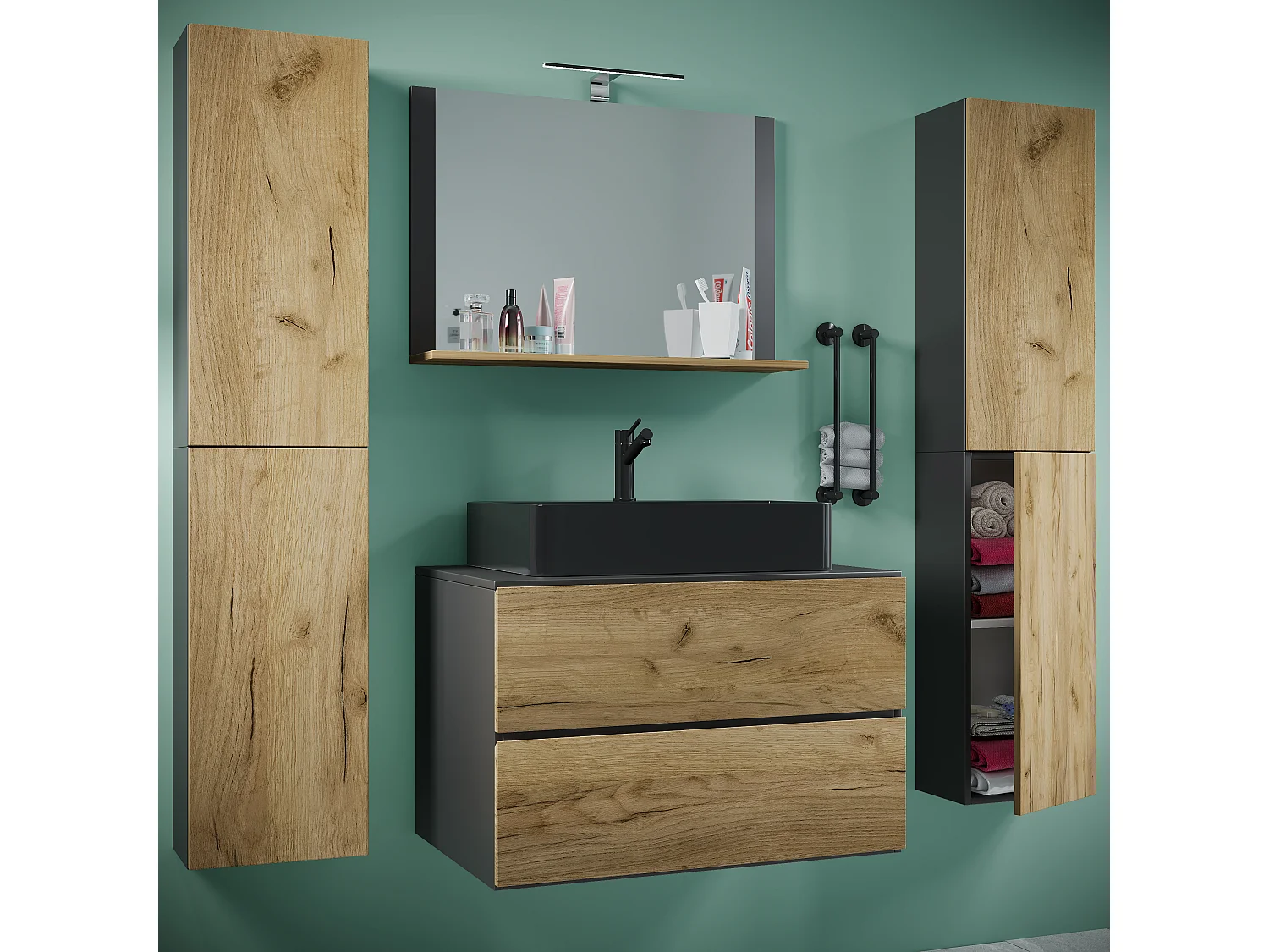 Bathroom furniture washbasin Lendas Anthracite / honey oak H. 150 x W. 147 x D. 52 cm