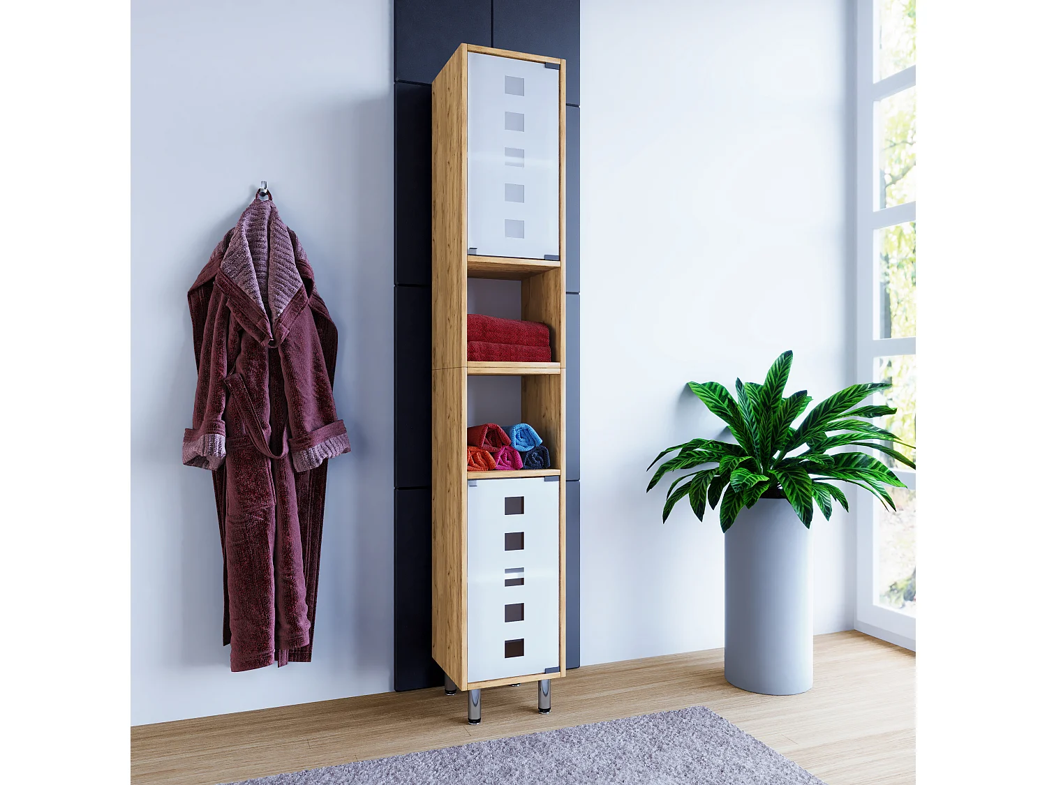 Holz Badmöbel Hochschrank Darola Glastür