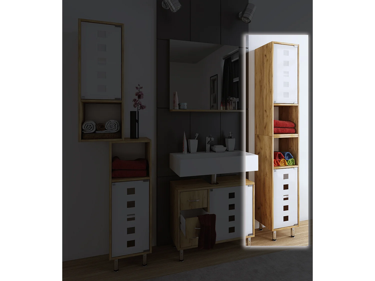 Holz Badmöbel Hochschrank Darola Glastür