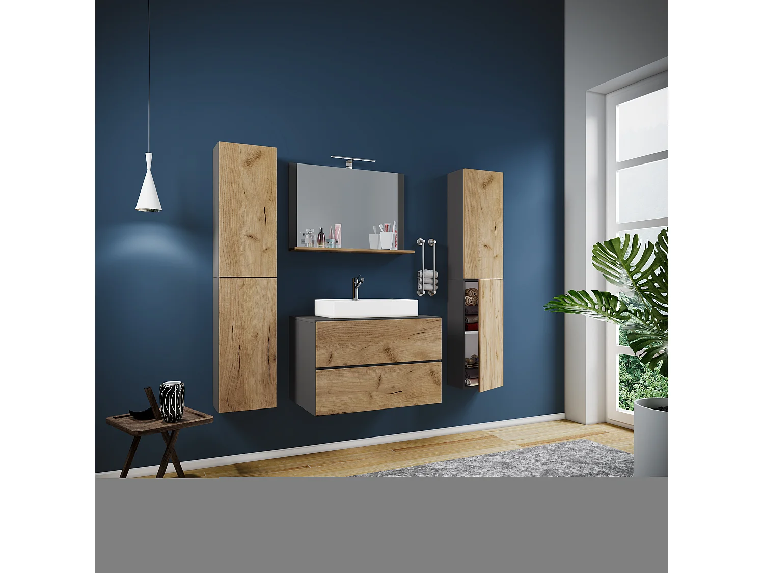 Bathroom furniture washbasin Lendas Anthracite / honey oak H. 150 x W. 80 x D. 51 cm