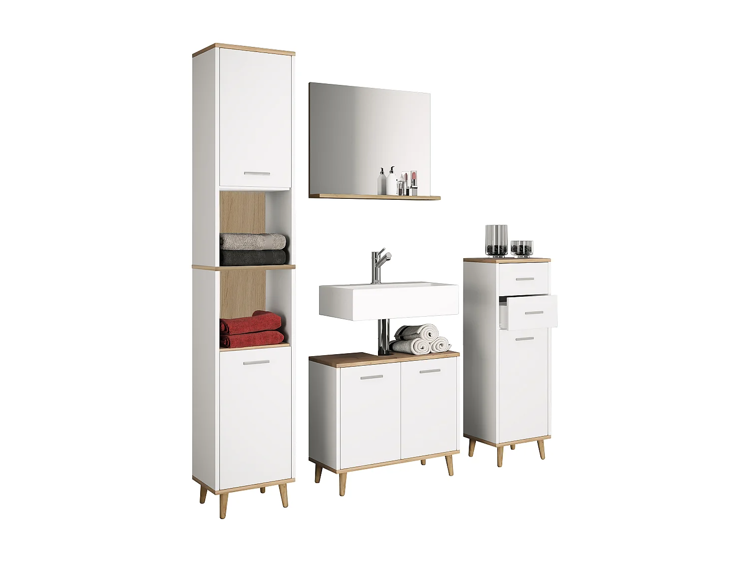 Bathroom furniture sets Landos White / Honey oak H. 181 x W. 124 x D. 28 cm