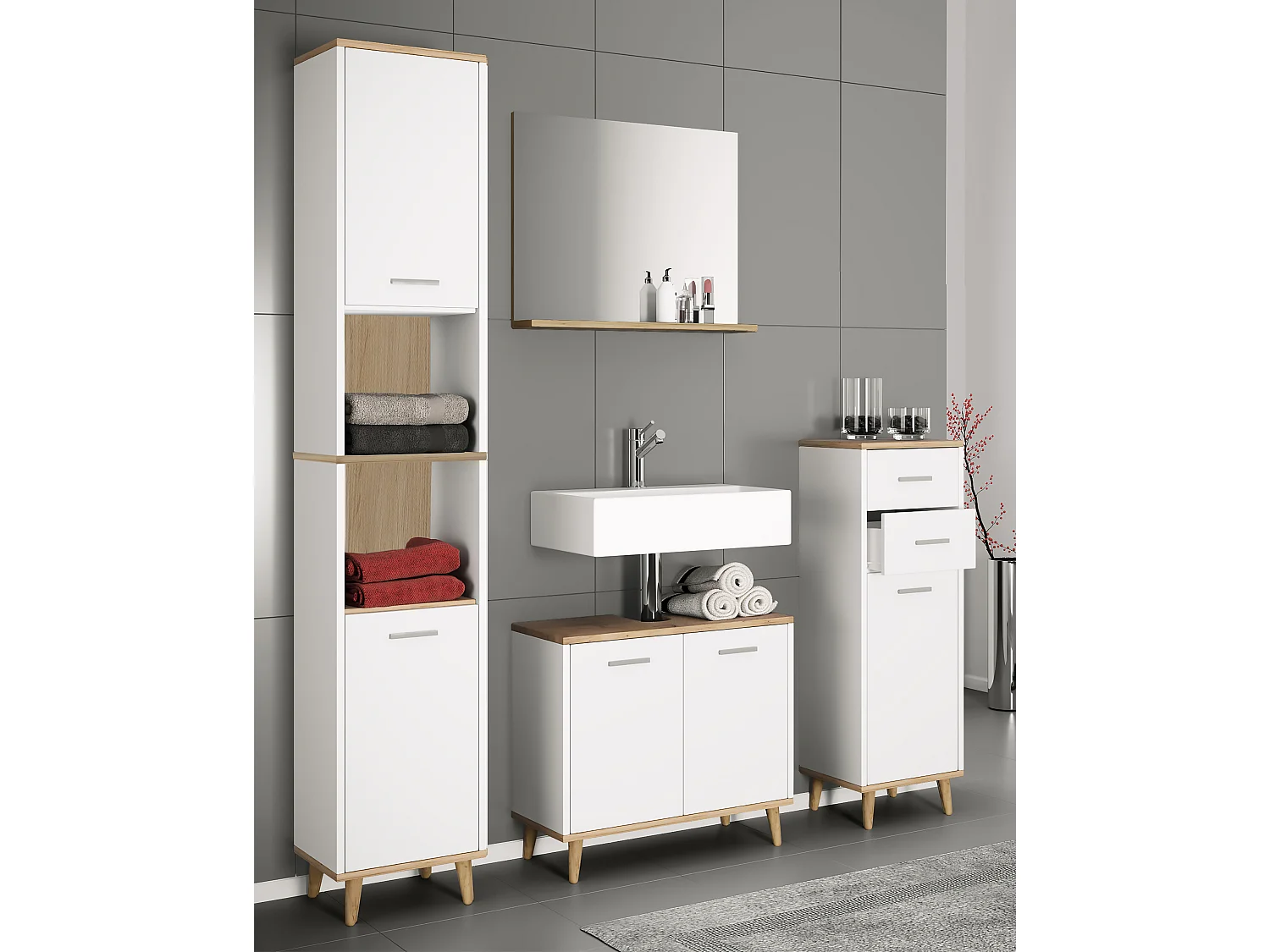 Bathroom furniture sets Landos White / Honey oak H. 181 x W. 124 x D. 28 cm