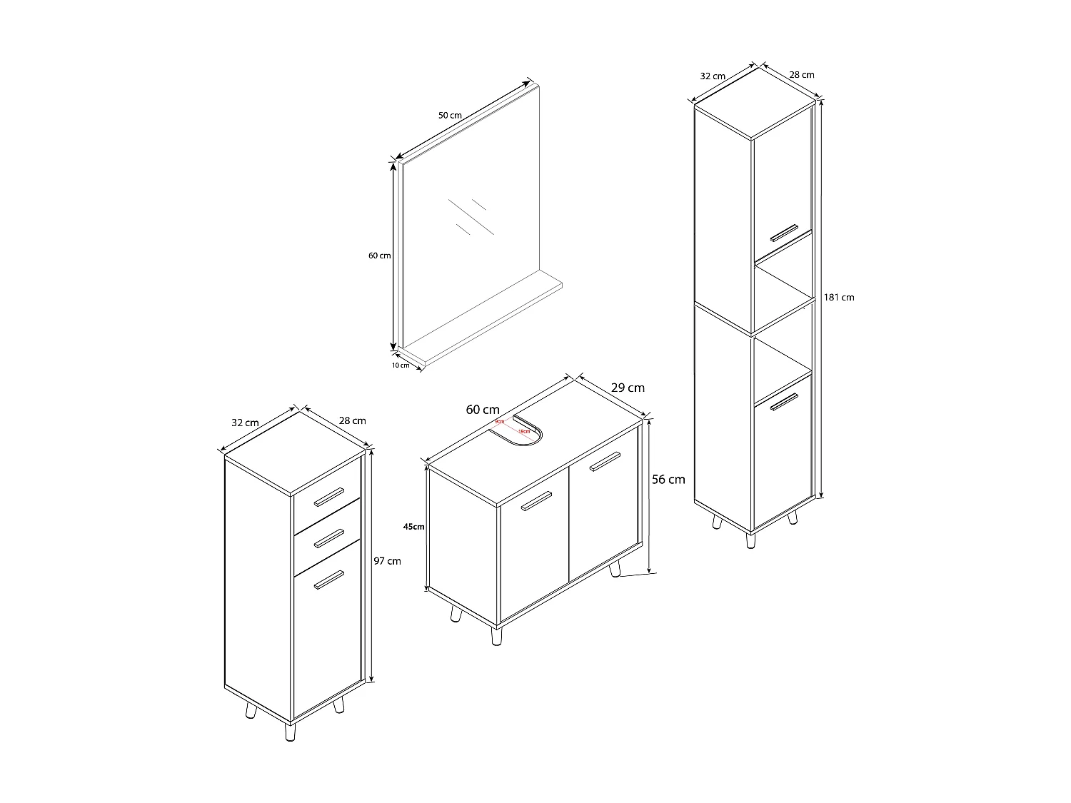 Bathroom furniture sets Landos White / Honey oak H. 181 x W. 124 x D. 28 cm
