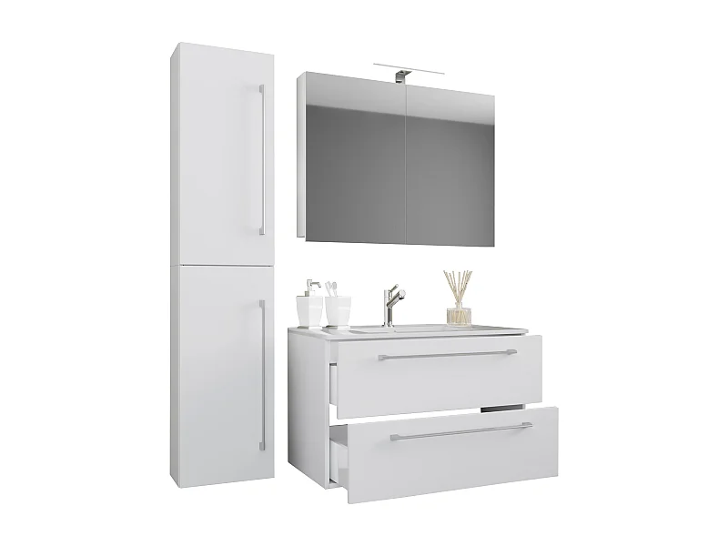 VCM 4 pcs Lavatório | lavatório menor largura do armário 60 cm | Móveis de casa de banho com gavetas Portas rotativas Gabinete de espelho | Badinos (Branco)