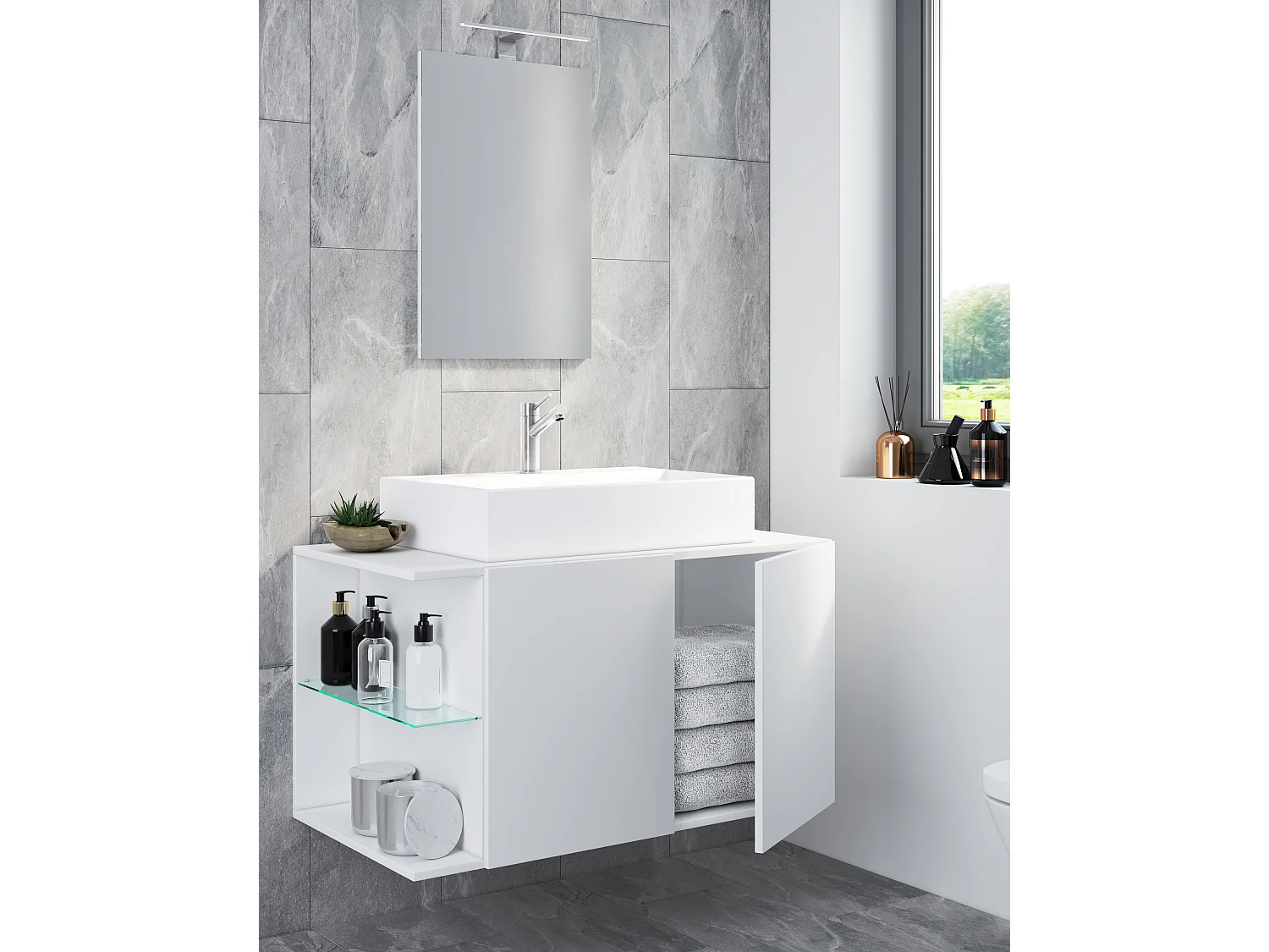 VCM 3-pièces lavabo meuble de salle de bains ensemble lavabo miroir Hausa porte battante (blanc|93)